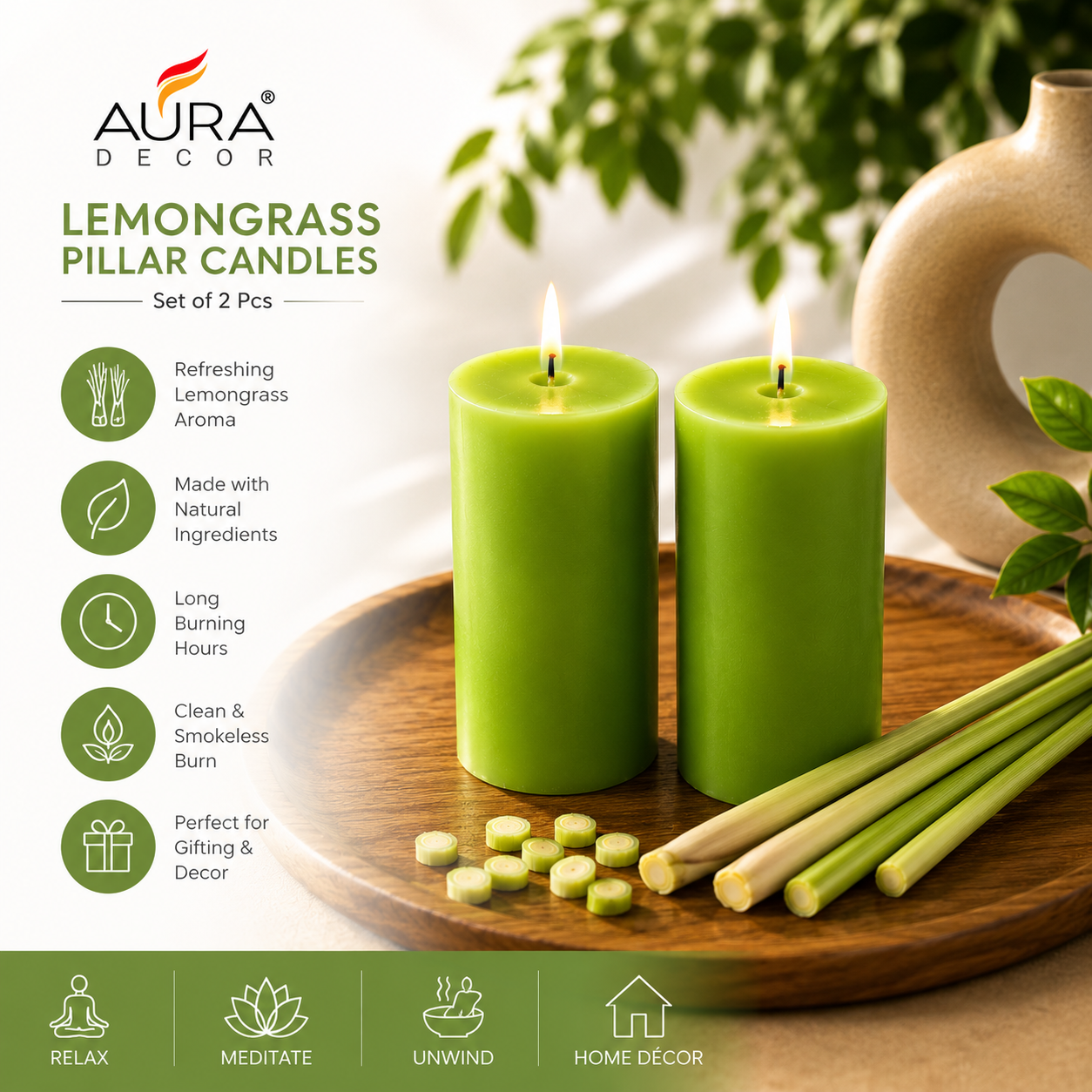 AuraDecor Scented Pillar Candles Set of 2 | 25 Hours Burn Time (Lemon Grass)