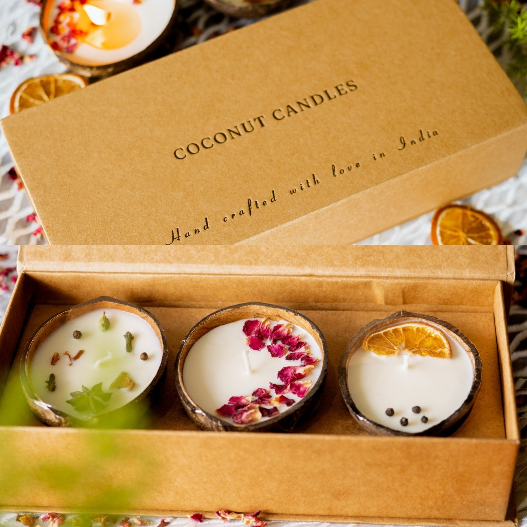 Eco-Friendly Coconut Candles Gift Box - Set of 3 Candles | Spice, Rose & Orange Pepper Soy Wax Candles 100 gm each