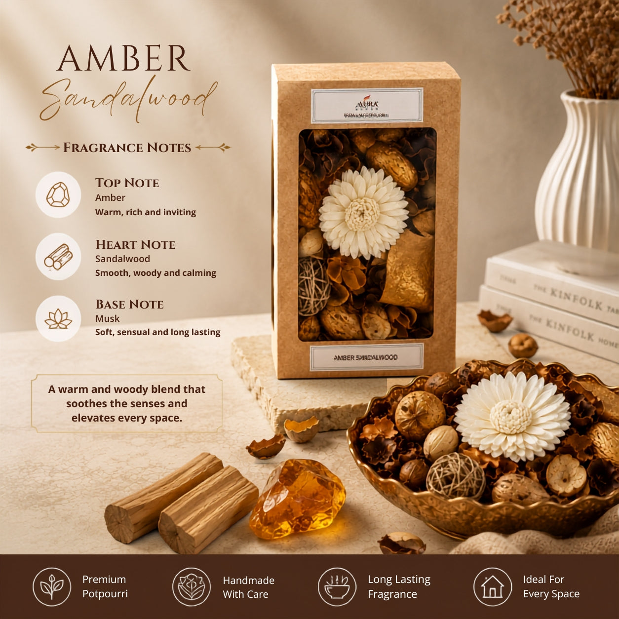 AuraDecor Premium Potpourri Box – Amber Sandalwood Fragrance (200g)| Decorative Dried Flowers & Natural Botanicals|