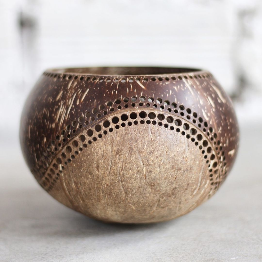 Hand Carved Coconut Shell Candle Holder - Exotic