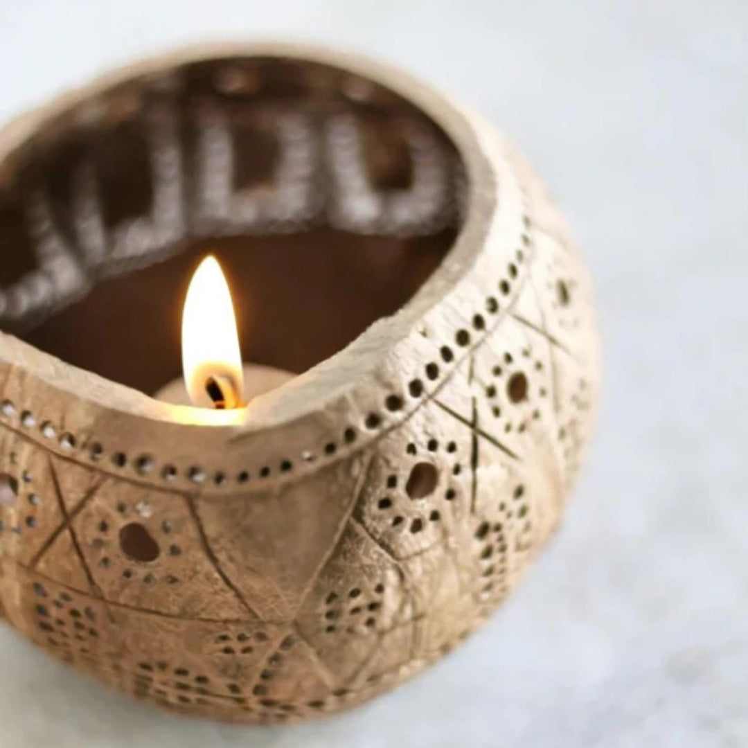 Hand Carved Coconut Shell Candle Holder - Tropical