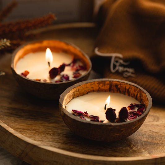 Coconut Shell Candle/Diya | Eco-Friendly Scented Soy Wax - Rose Candle Set of 2