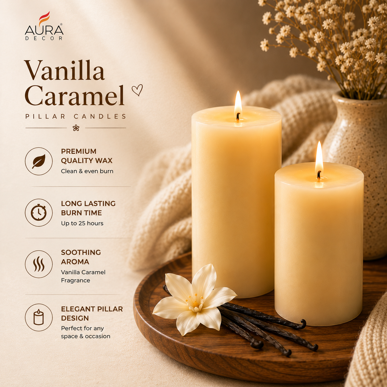 AuraDecor Scented Pillar Candles Set of 2 | 25 Hours Burn Time | (Vanila Caramel)