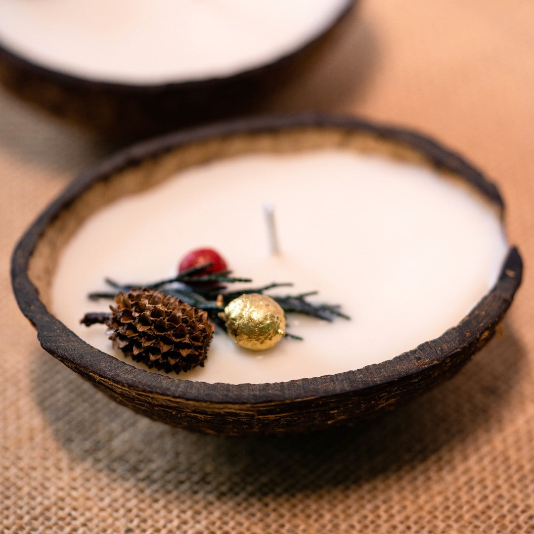 Coconut Shell Christmas Candle/Diya | Eco-Friendly Scented Soy Wax Set of 2