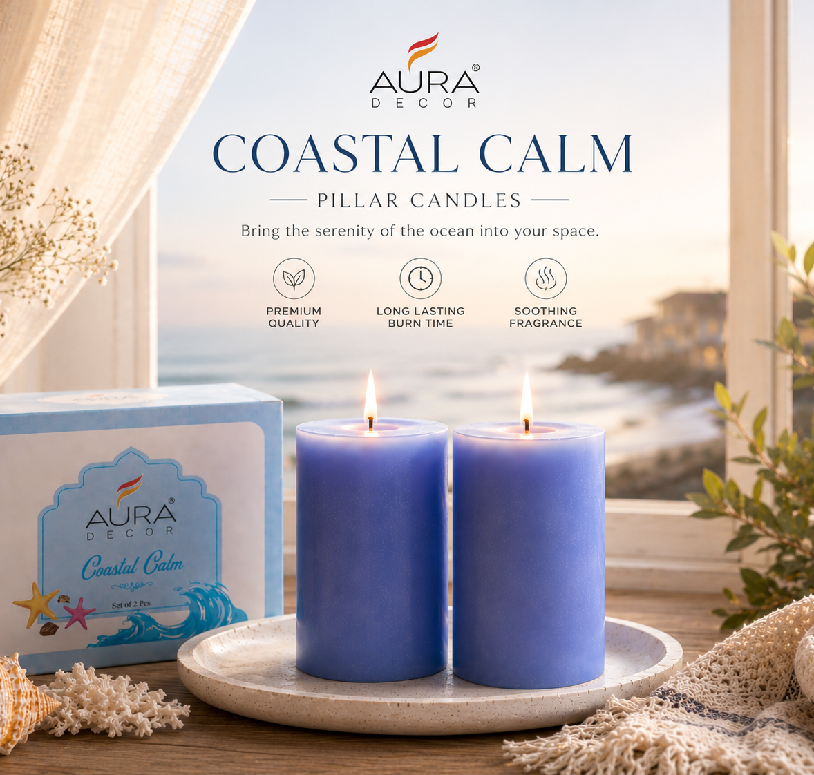 AuraDecor Scented Pillar Candles Set of 2 | 25 Hours Burn Time | (Coastal Calm)