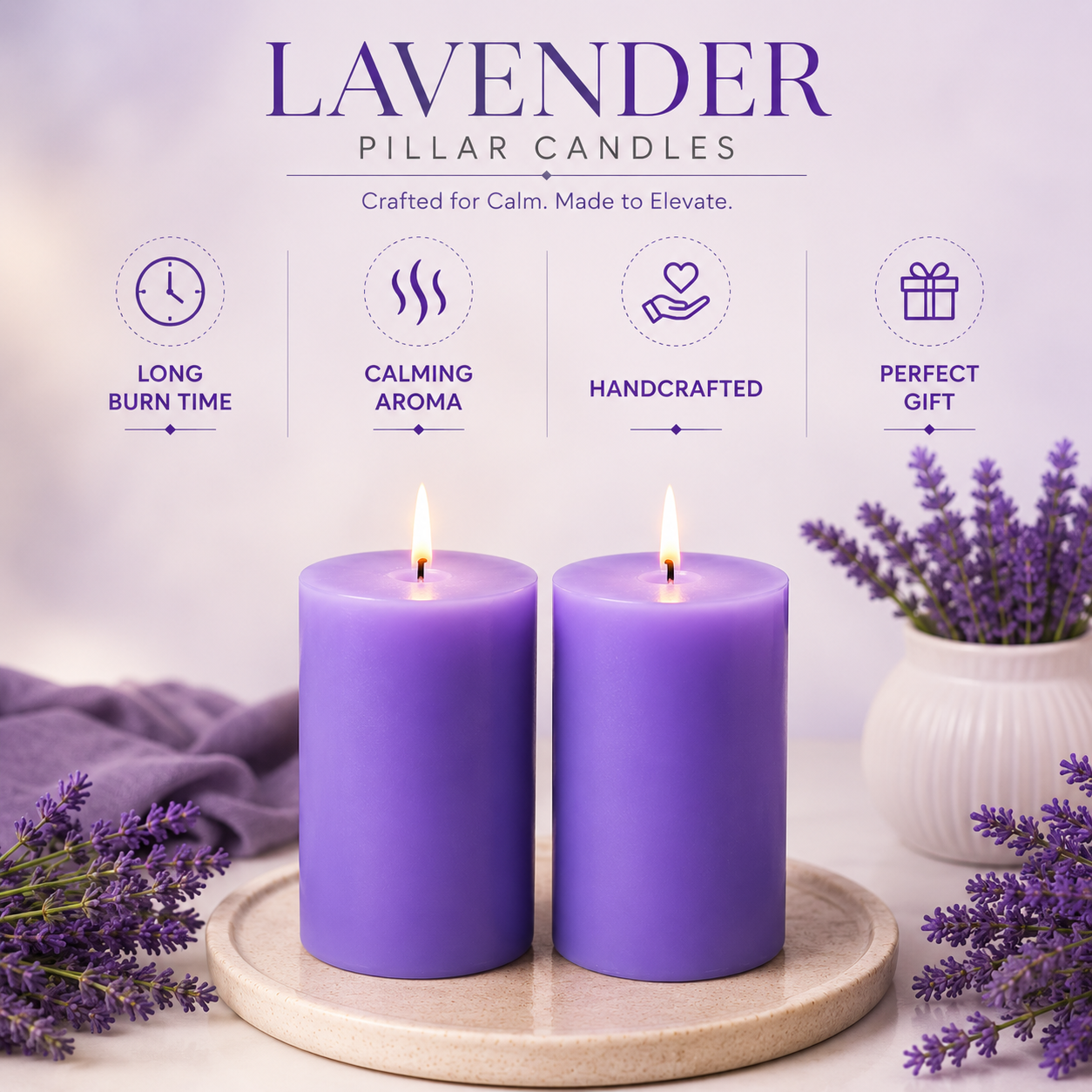 AuraDecor Scented Pillar Candles Set of 2 | 25 Hours Burn Time (Lavender)