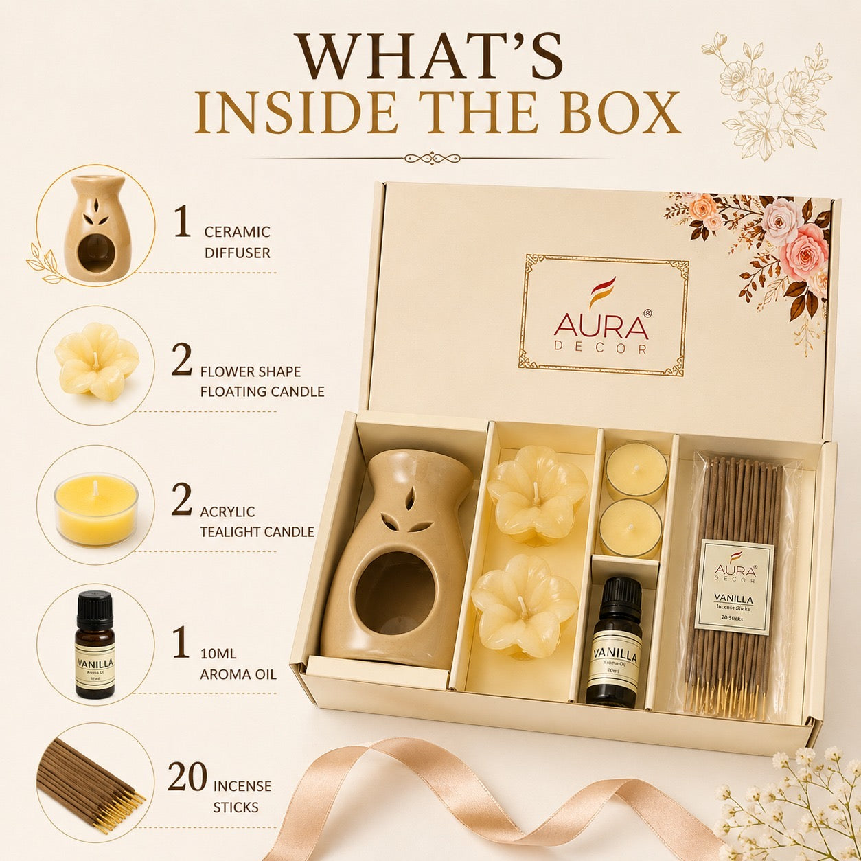 AuraDecor Premium Aroma Gift Set - 15 with Ceramic Diffuser Burner, Vanilla Aroma Oil, Tealight Candles, Floating Candles, Incense Sticks(Vanilla)