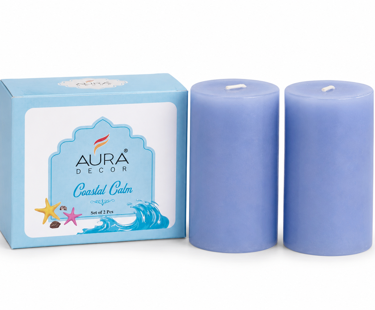 AuraDecor Scented Pillar Candles Set of 2 | 25 Hours Burn Time | (Coastal Calm)