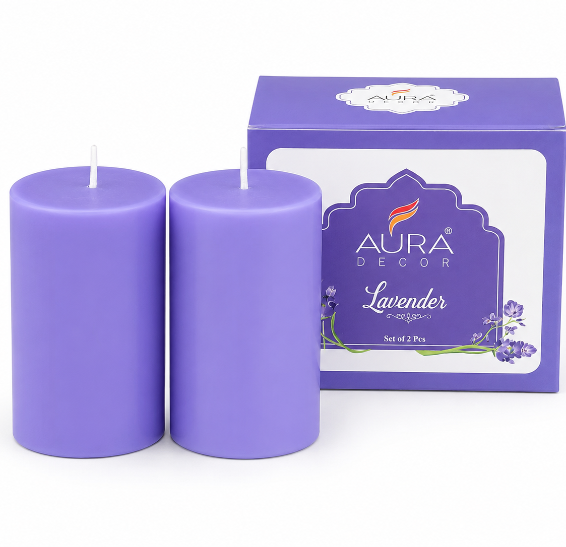 AuraDecor Scented Pillar Candles Set of 2 | 25 Hours Burn Time (Lavender)