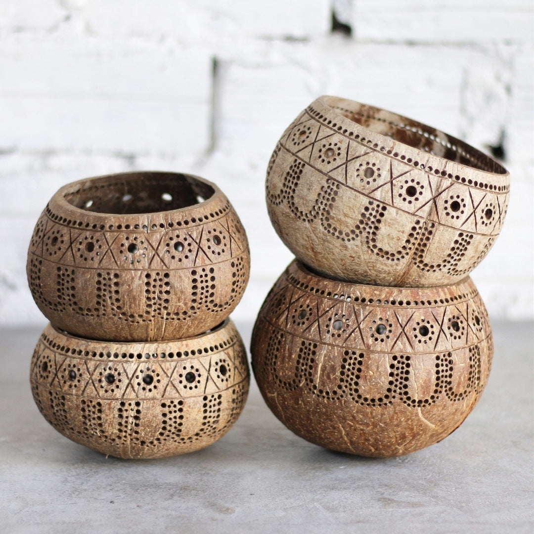 Hand Carved Coconut Shell Candle Holder - Tropical