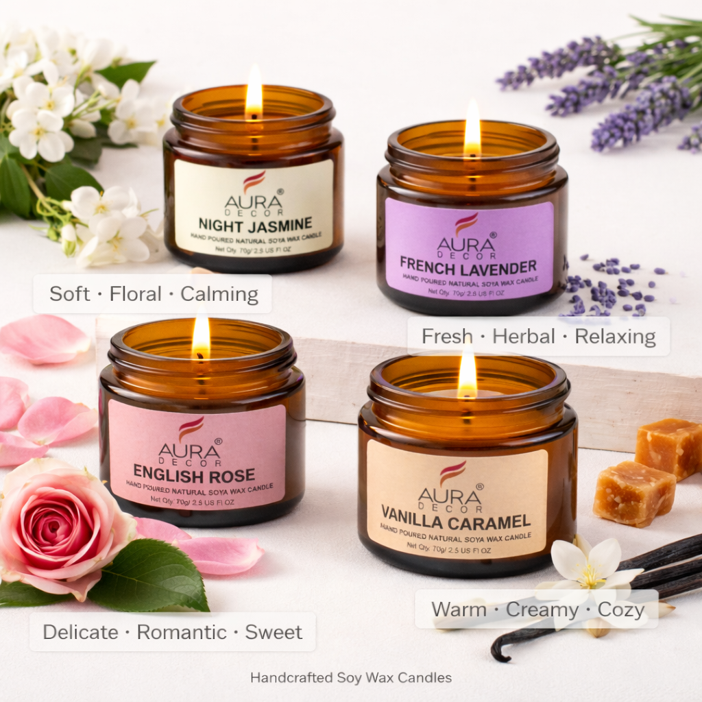 AuraDecor Set of 4 Amber Jars ( English Rose, Vanilla Caramel, Night Jasmine, French Lavender )