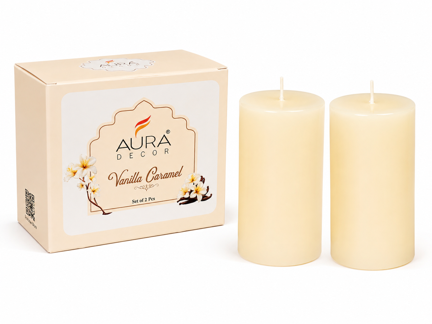 AuraDecor Scented Pillar Candles Set of 2 | 25 Hours Burn Time | (Vanila Caramel)