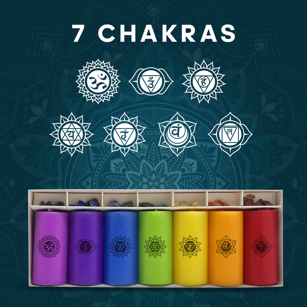 Bulk Buy AuraDecor 7 Chakras Pillar Candles with 7 Chakras Gems ( 15 Sets )