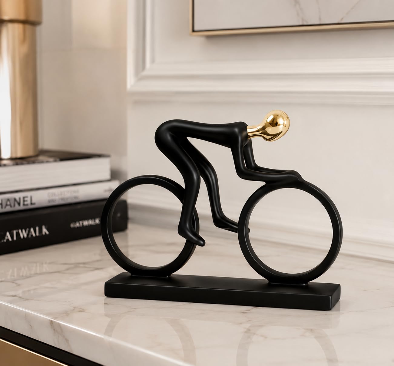 AuraDecor Cyclist Figurine, Modern Abstract Resin Showpiece in Black & Gold