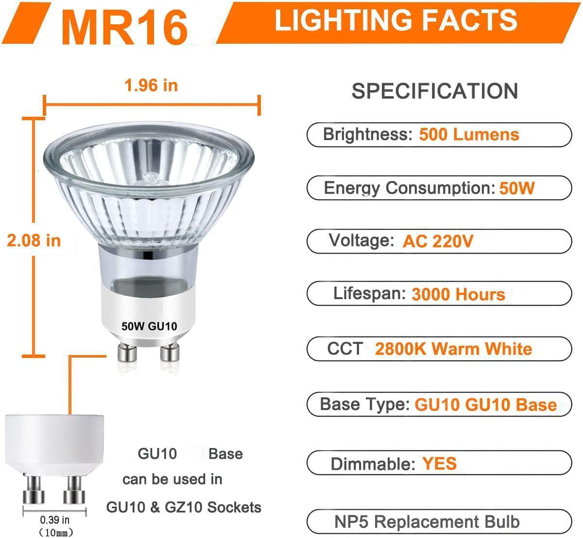 AuraDecor GU10 Halogen Light Bulb, Dimmable Spotlights for Track & Candle Warmer Lamps