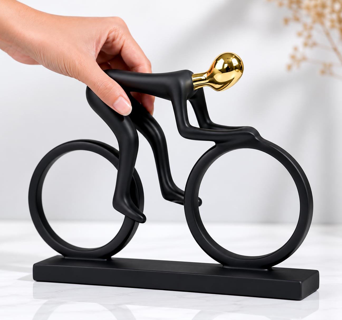 AuraDecor Cyclist Figurine, Modern Abstract Resin Showpiece in Black & Gold