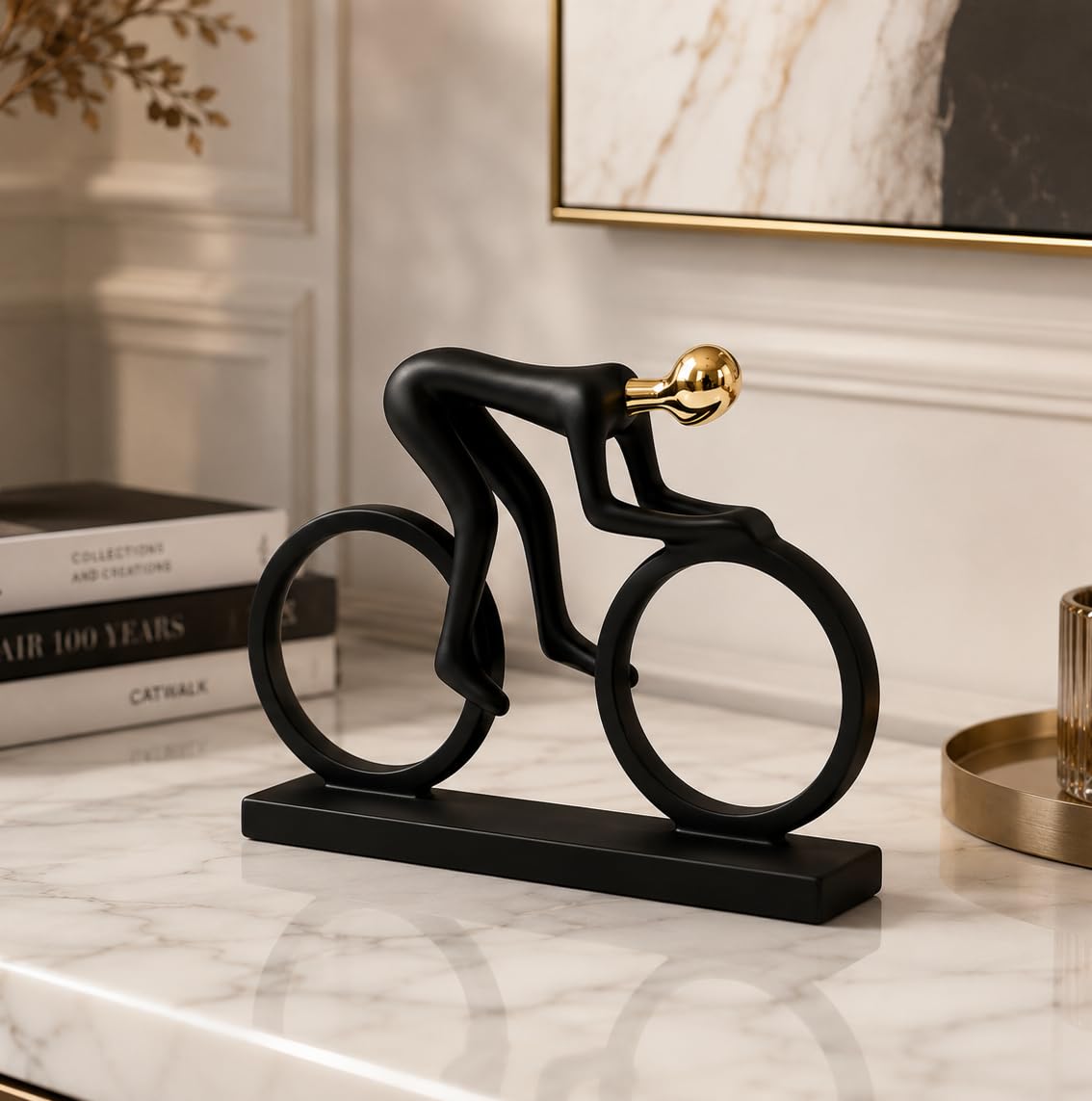 AuraDecor Cyclist Figurine, Modern Abstract Resin Showpiece in Black & Gold
