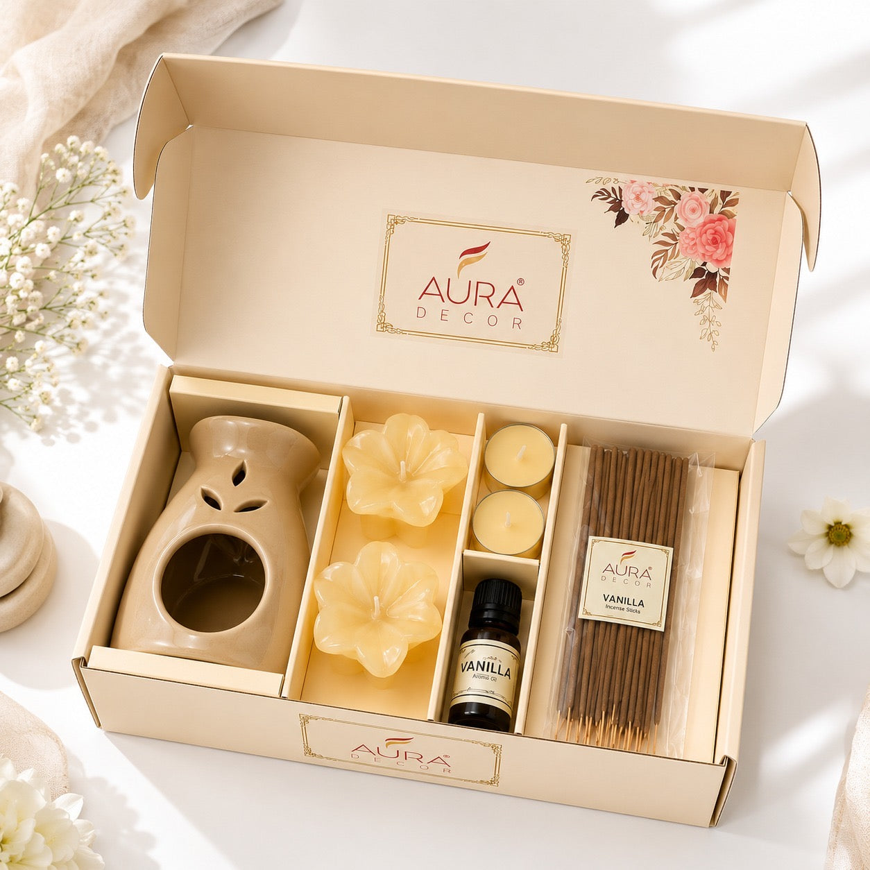 AuraDecor Premium Aroma Gift Set - 15 with Ceramic Diffuser Burner, Vanilla Aroma Oil, Tealight Candles, Floating Candles, Incense Sticks(Vanilla)