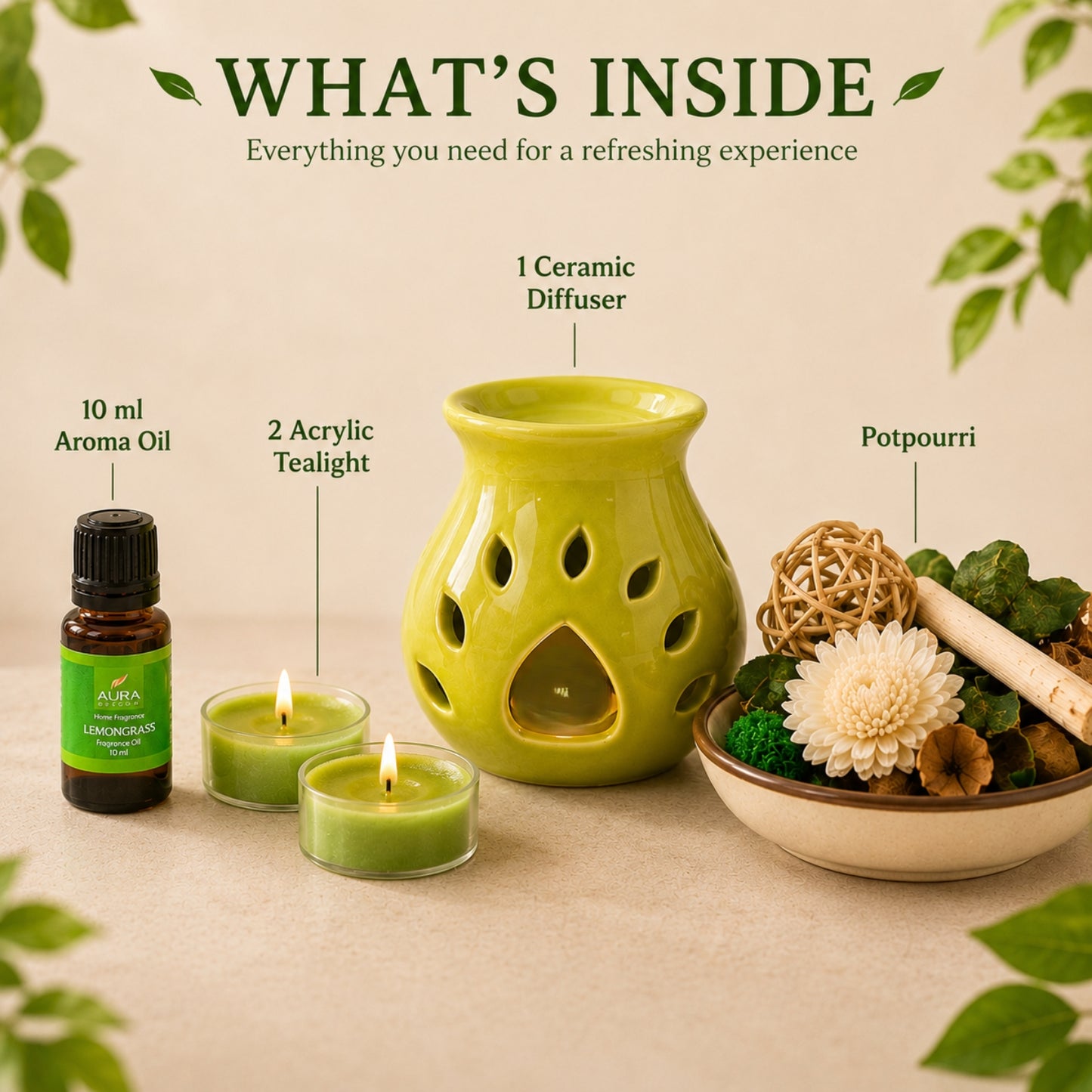 AuraDecor Gift Set New ( GS-16 ) ( Diffuser , Fragrance, Potpourri & 2 Tealights )