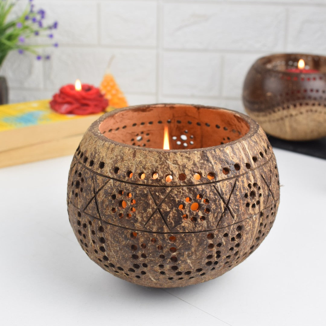 Hand Carved Coconut Shell Candle Holder - Tropical