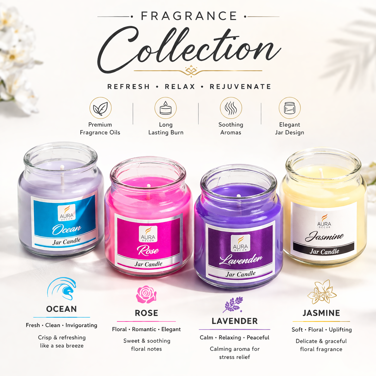 AuraDecor Set of 4 Highly Fragrance Jar Candle Burning Time 30 Hours Each