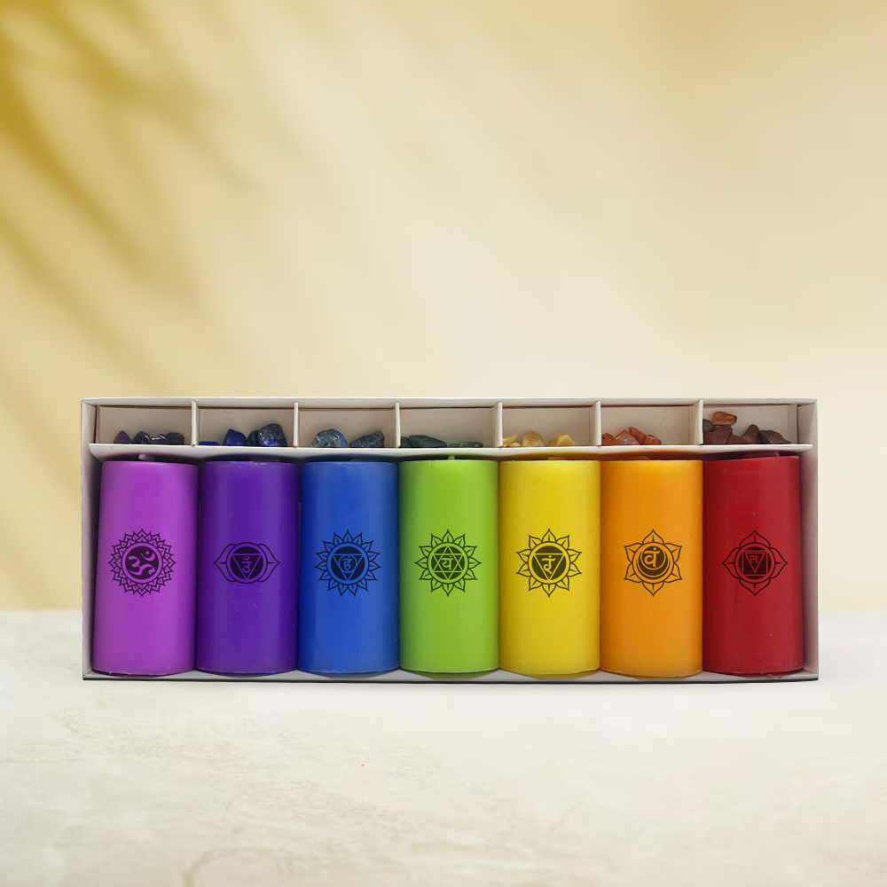 Bulk Buy AuraDecor 7 Chakras Pillar Candles with 7 Chakras Gems ( 15 Sets )