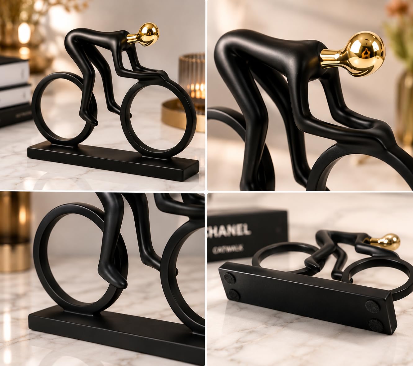 AuraDecor Cyclist Figurine, Modern Abstract Resin Showpiece in Black & Gold