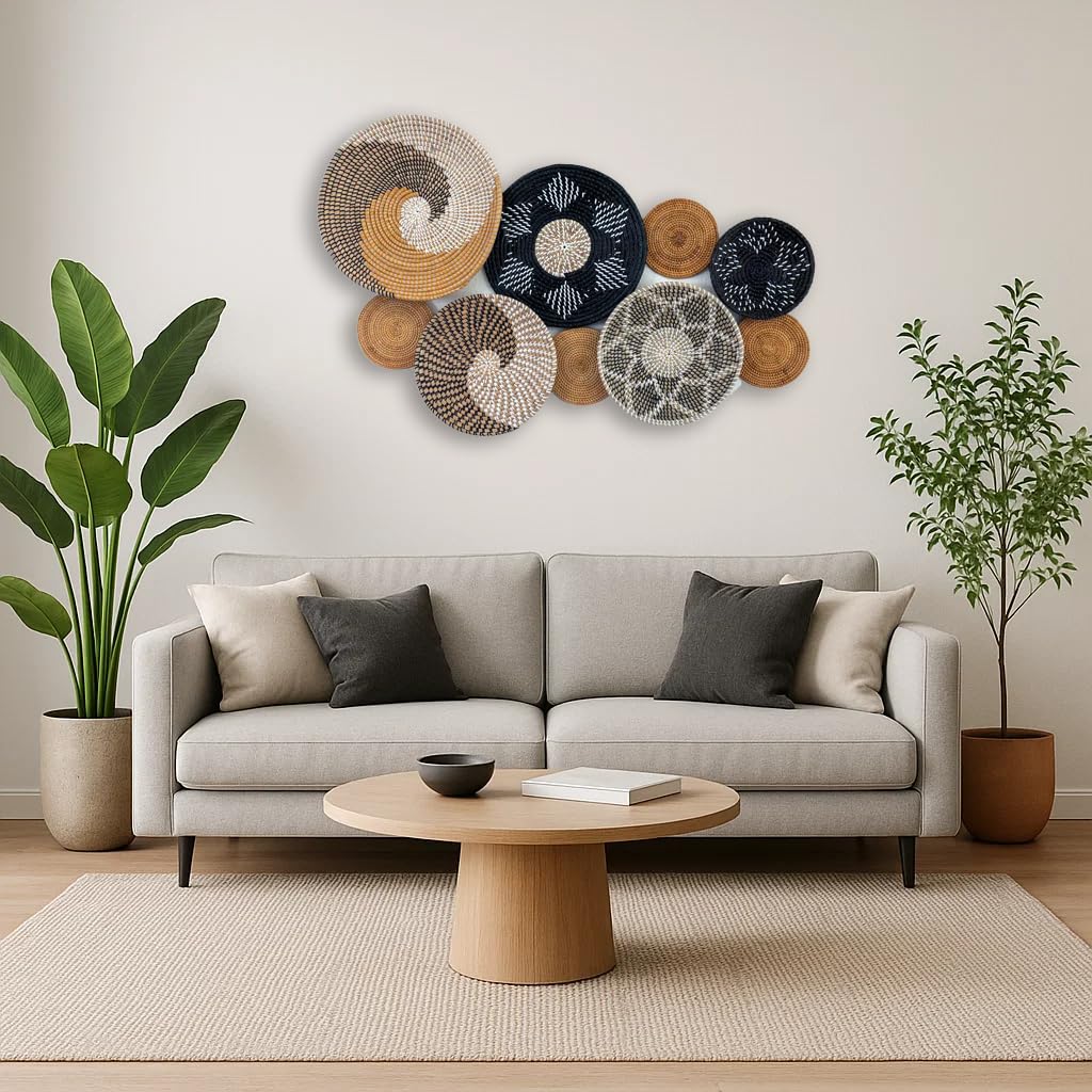 Auradecor Boho Wall Basket Decor Decorative Natural Woven Basket (9pcs) Wall Decor Art Round Hanging Baskets for Home Decorations, Multi Sizes(Boho),