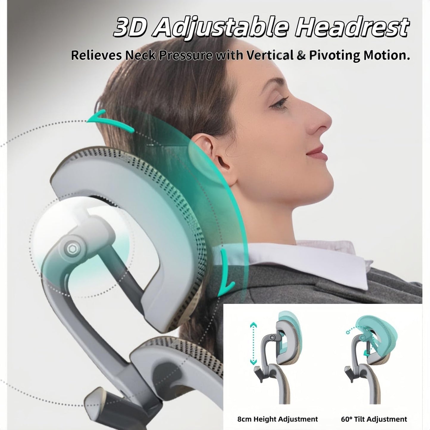 3D adjustable headrest being used by a person, with text highlighting its features.