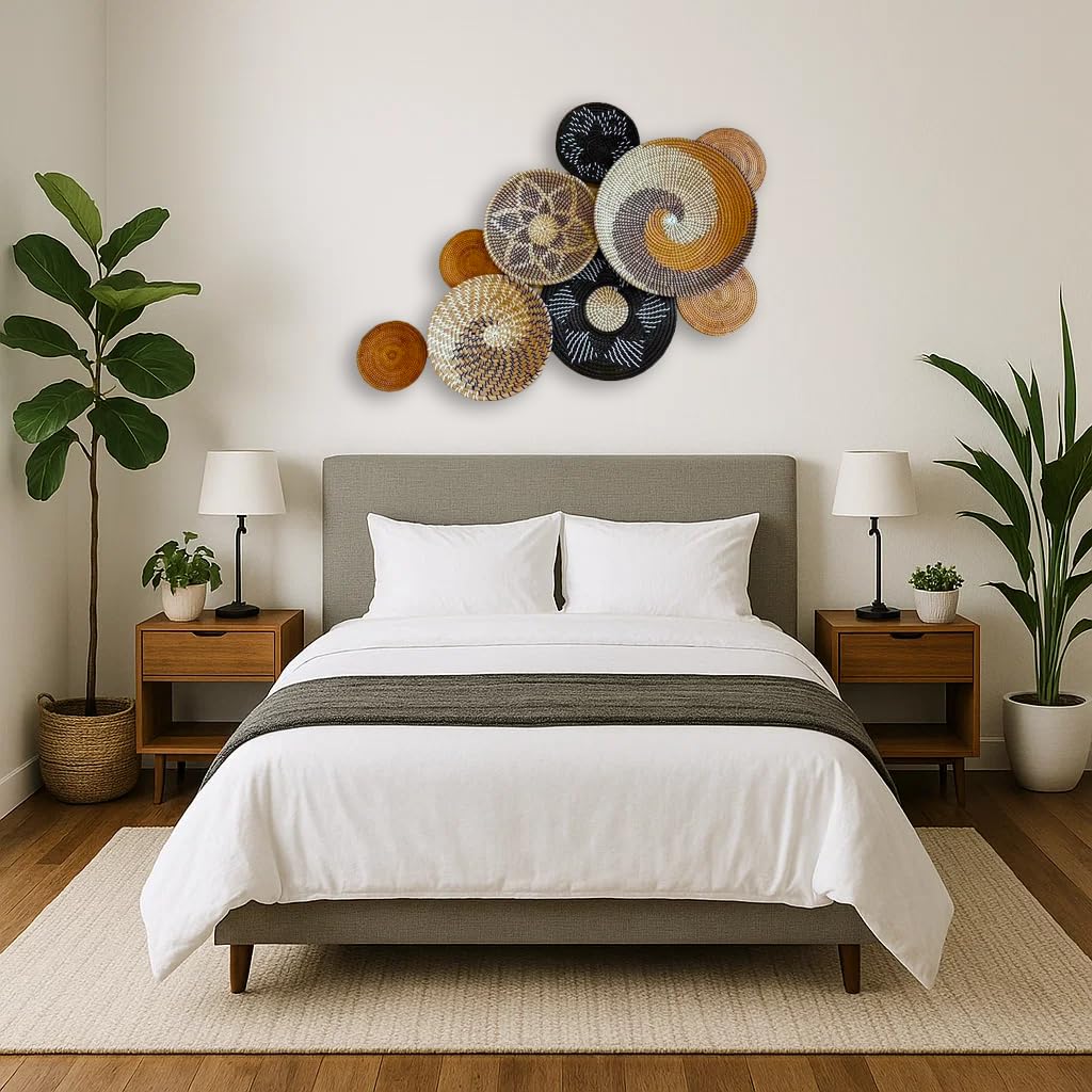 Auradecor Boho Wall Basket Decor Decorative Natural Woven Basket (9pcs) Wall Decor Art Round Hanging Baskets for Home Decorations, Multi Sizes(Boho),