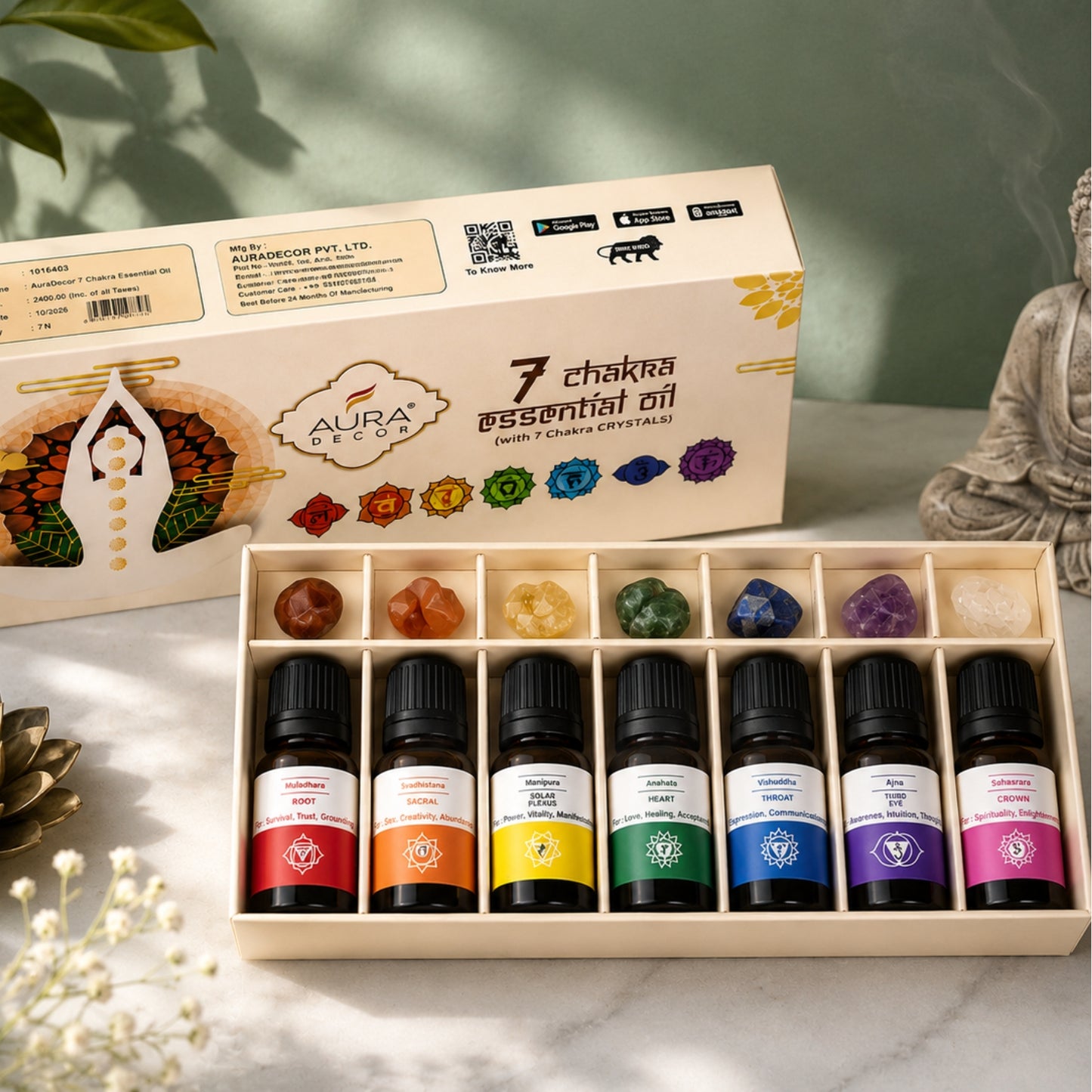 AuraDecor 7 Chakras Essential Oils with 7 Chakras Gems