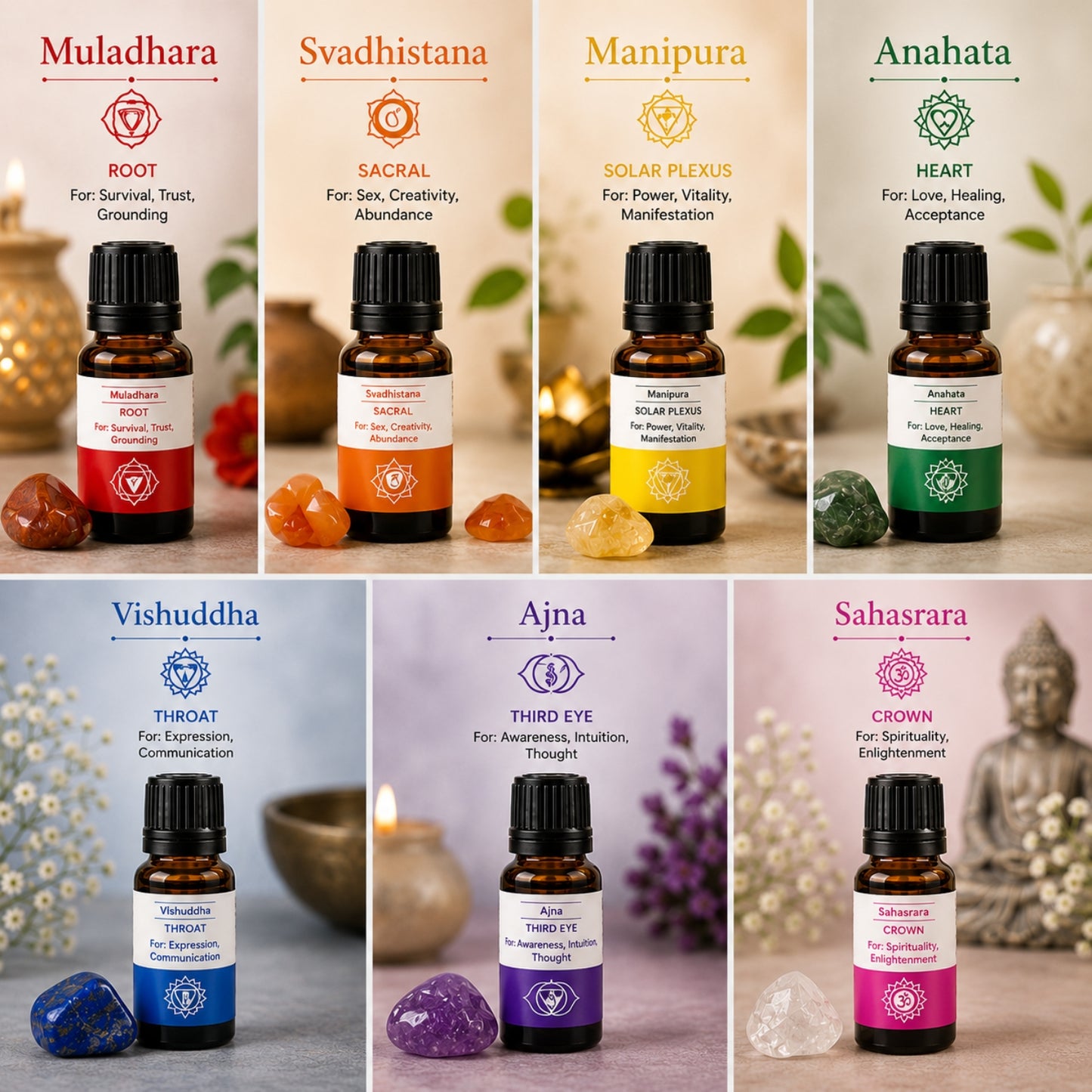 AuraDecor 7 Chakras Essential Oils with 7 Chakras Gems
