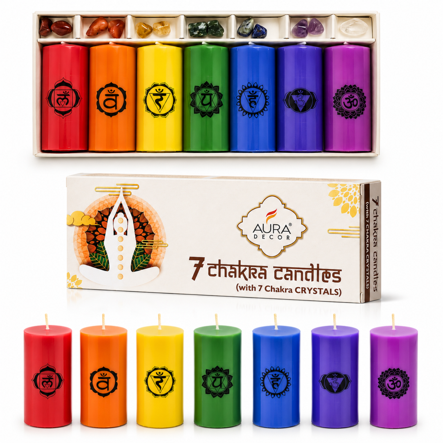 AuraDecor 7 Chakras Pillar Candles with 7 Chakras Gems