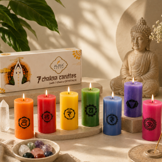 AuraDecor 7 Chakras Pillar Candles with 7 Chakras Gems