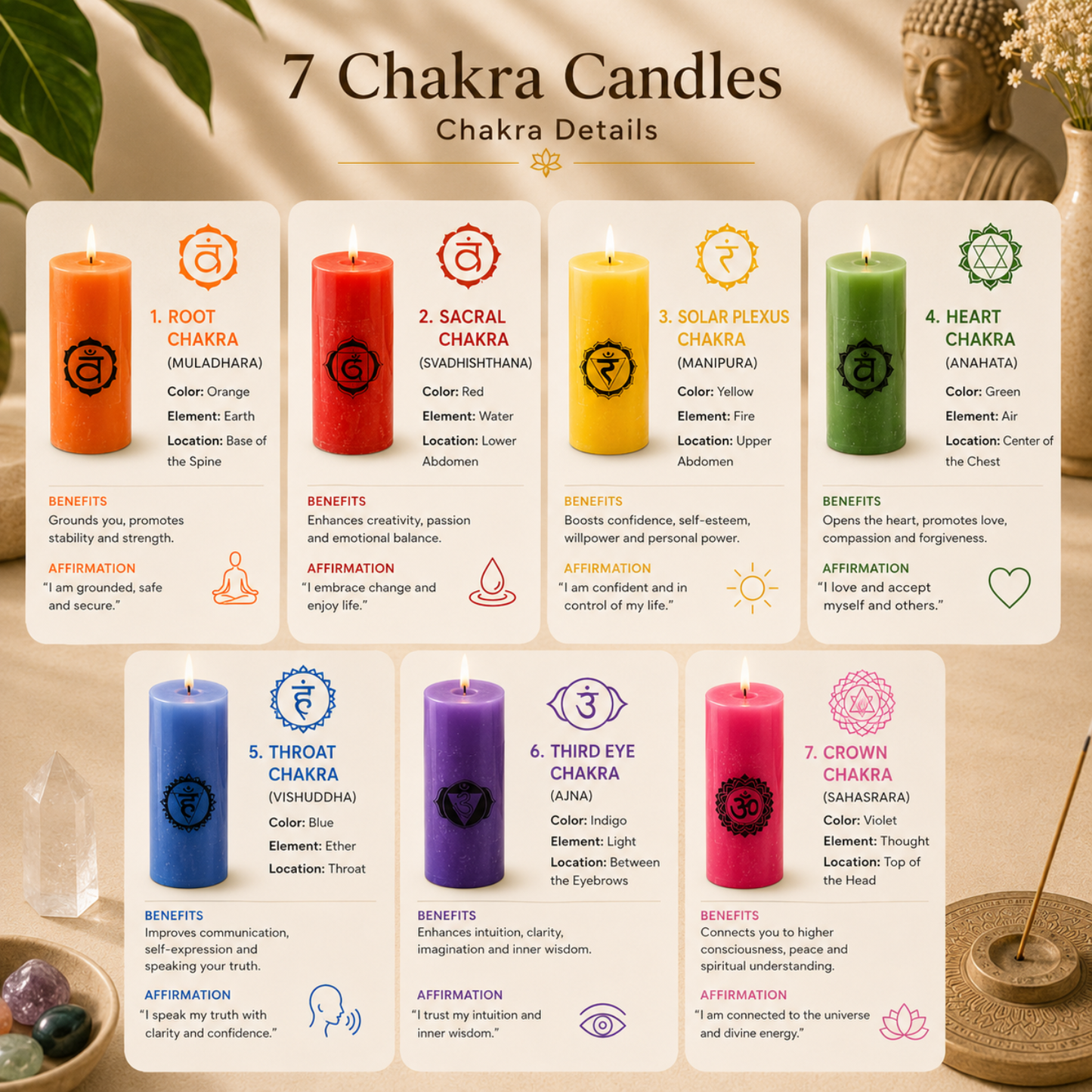 AuraDecor 7 Chakras Pillar Candles with 7 Chakras Gems