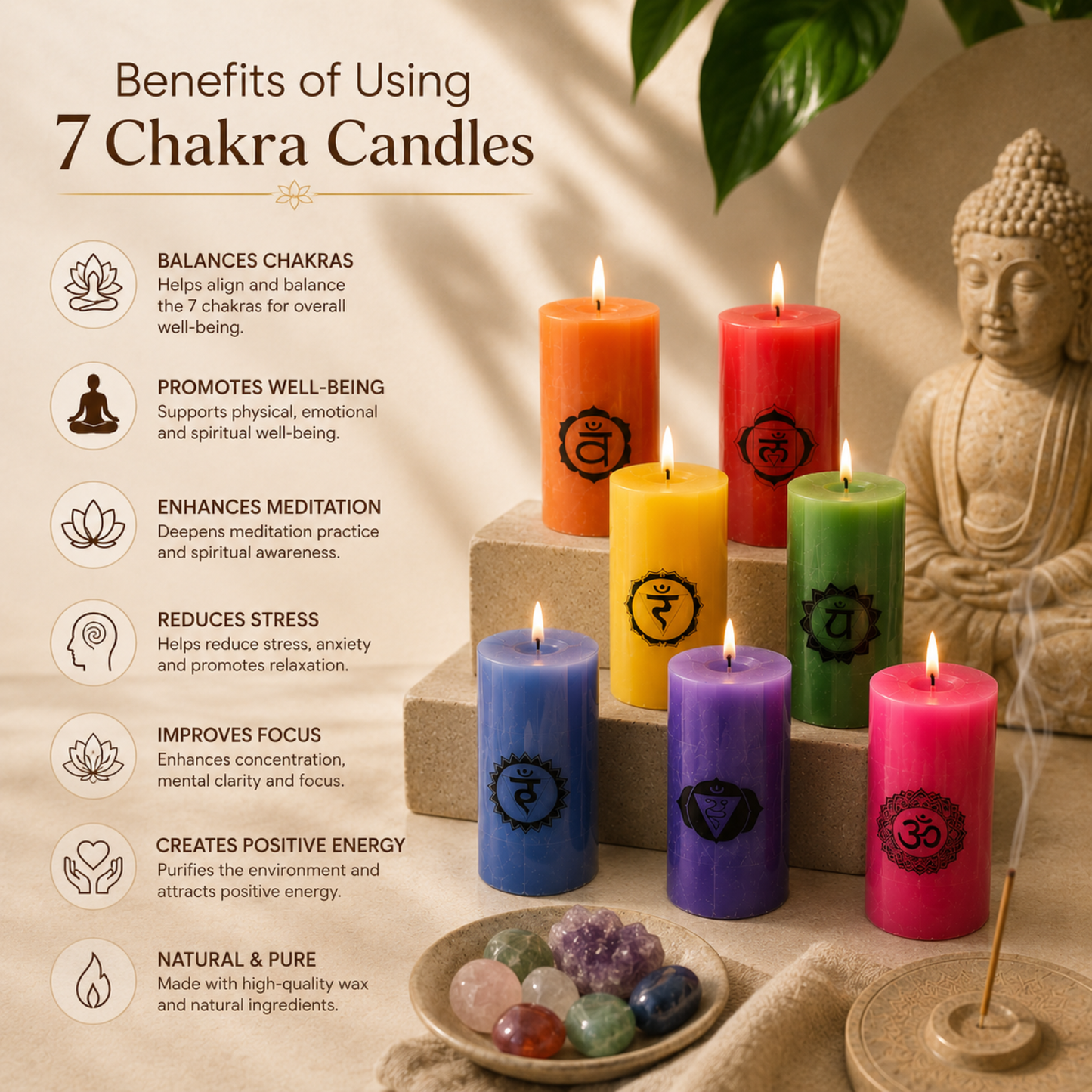 AuraDecor 7 Chakras Pillar Candles with 7 Chakras Gems