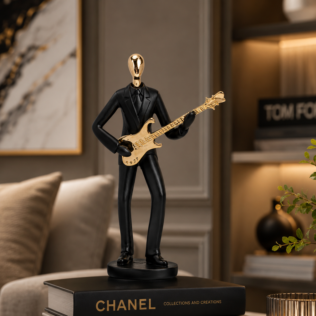 AuraDecor Guitarist Figurine, Modern Abstract Resin Showpiece in Black & Gold