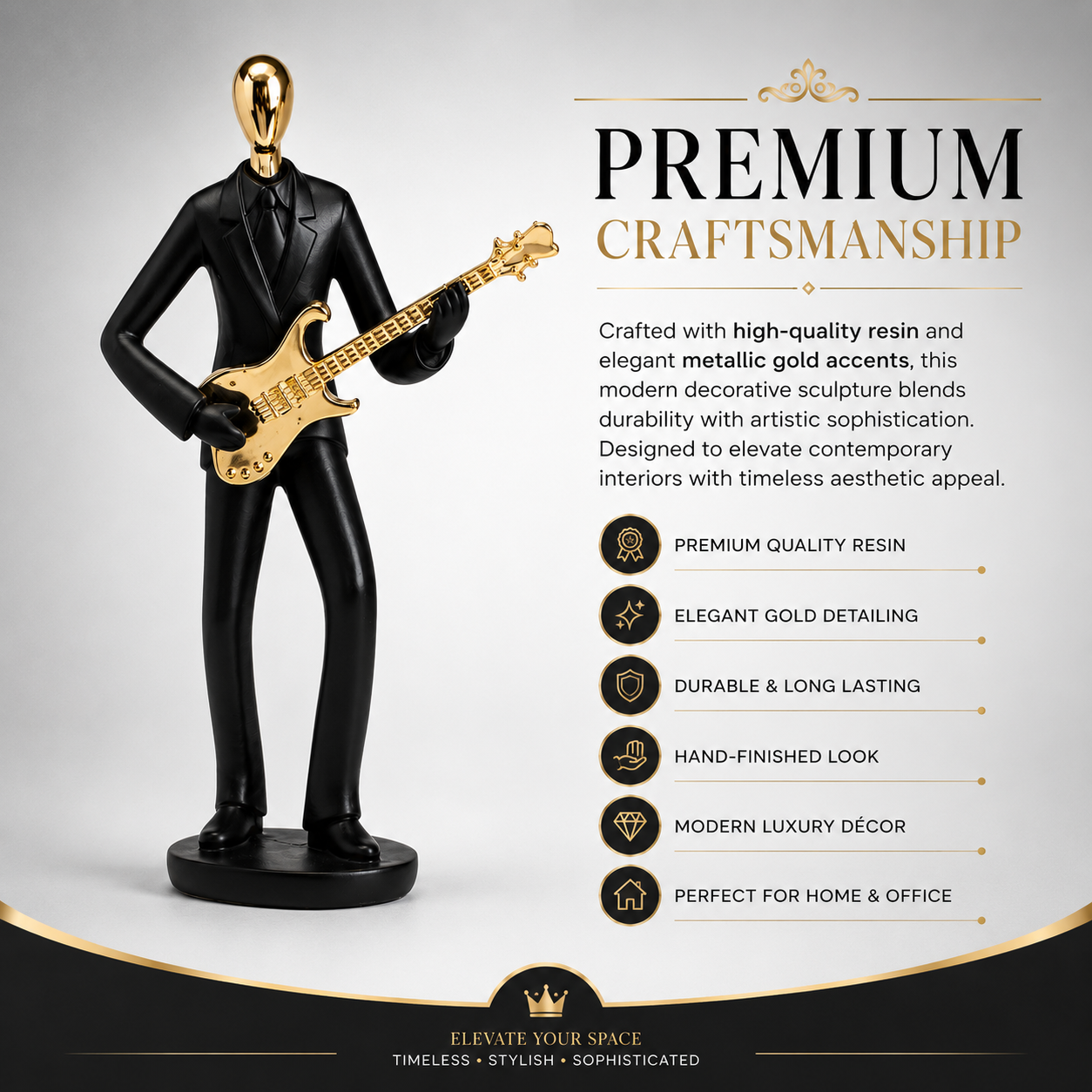 AuraDecor Guitarist Figurine, Modern Abstract Resin Showpiece in Black & Gold