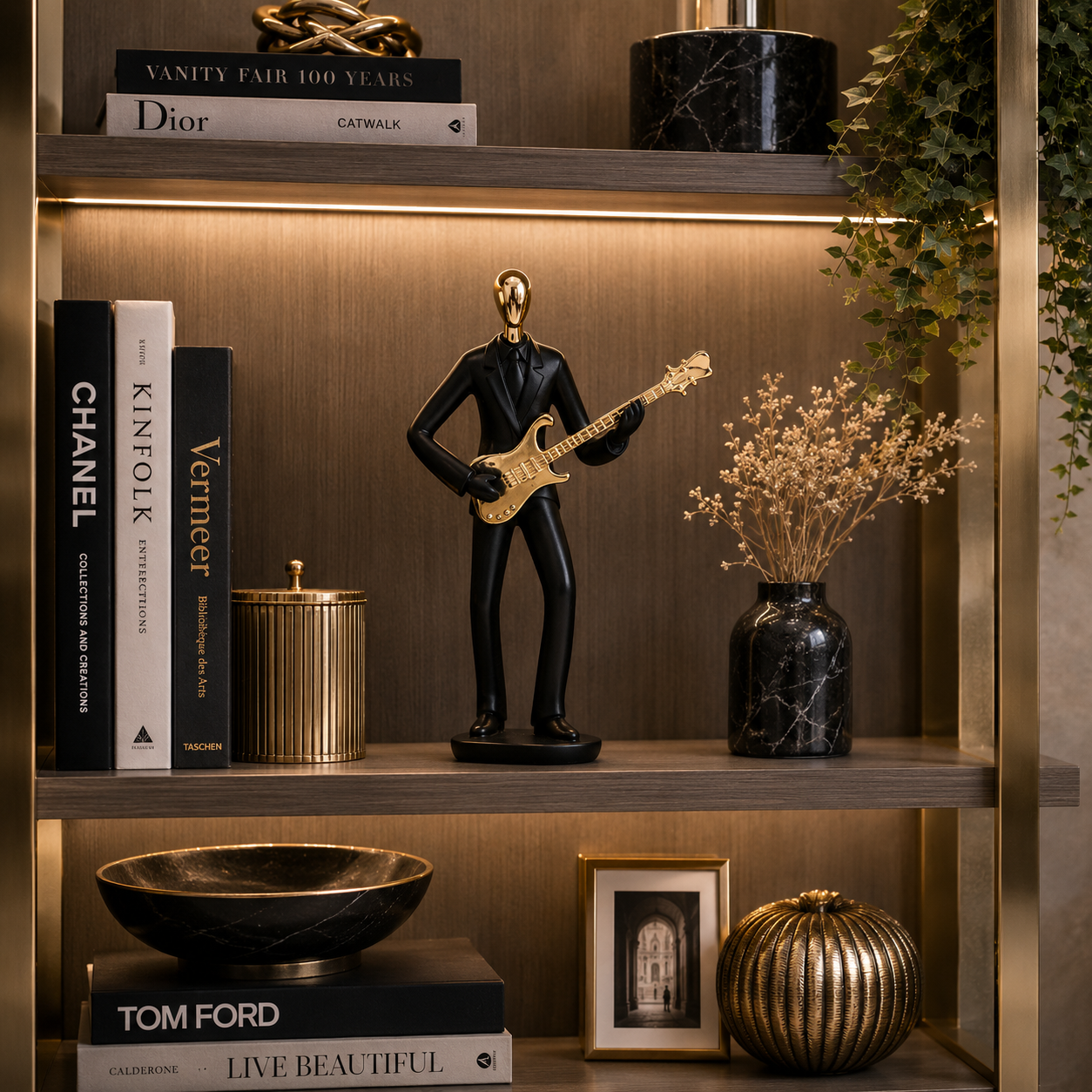 AuraDecor Guitarist Figurine, Modern Abstract Resin Showpiece in Black & Gold