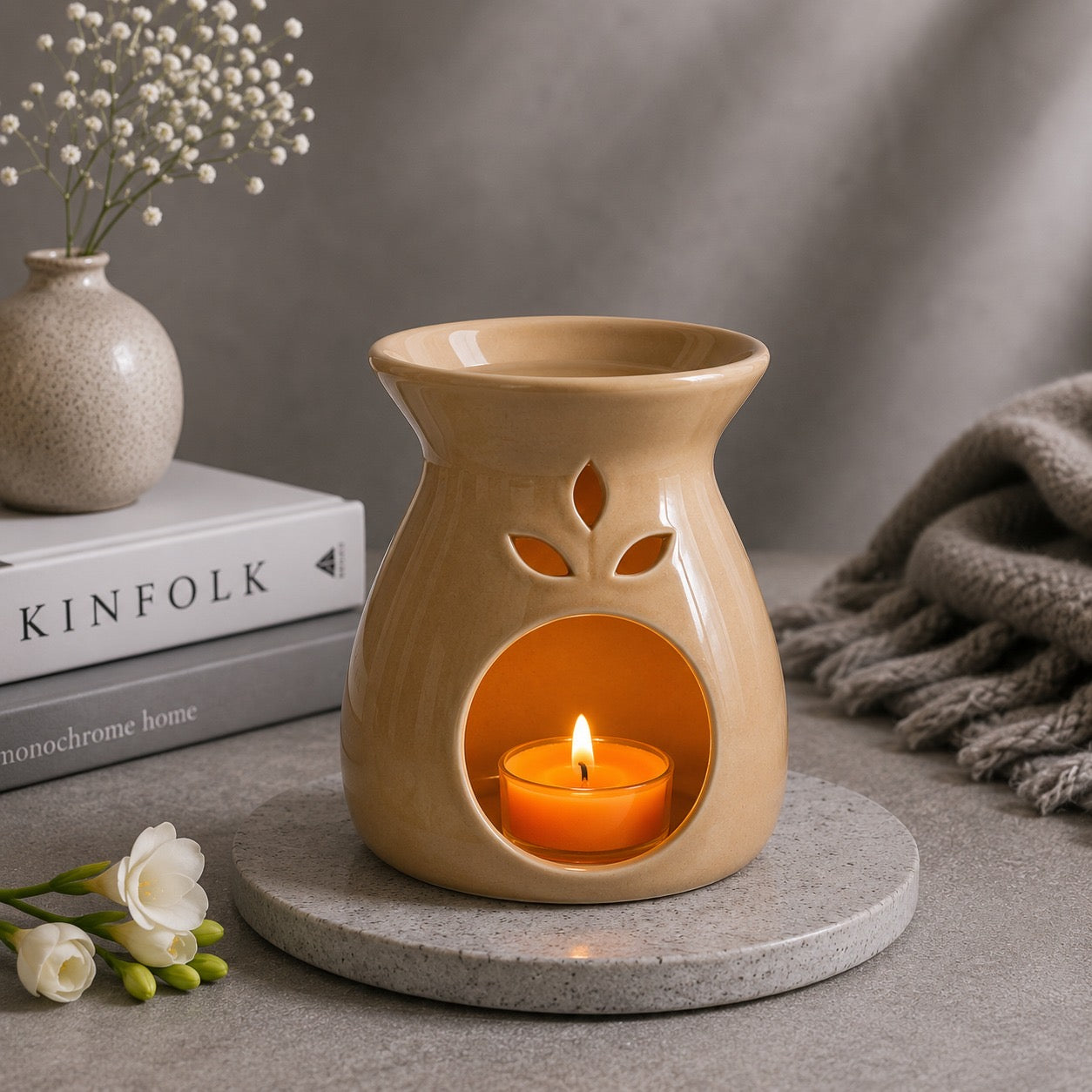 AuraDecor Premium Aroma Gift Set - 15 with Ceramic Diffuser Burner, Vanilla Aroma Oil, Tealight Candles, Floating Candles, Incense Sticks(Vanilla)