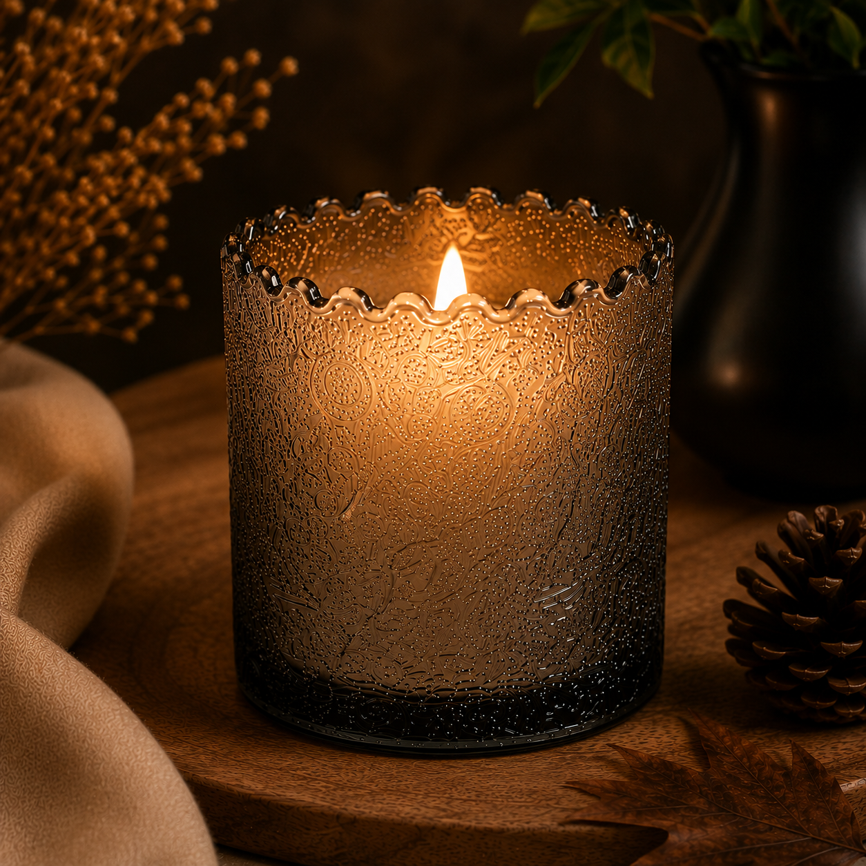 AuraDecor Empty Embossed Glass Jar – Scalloped Rim
