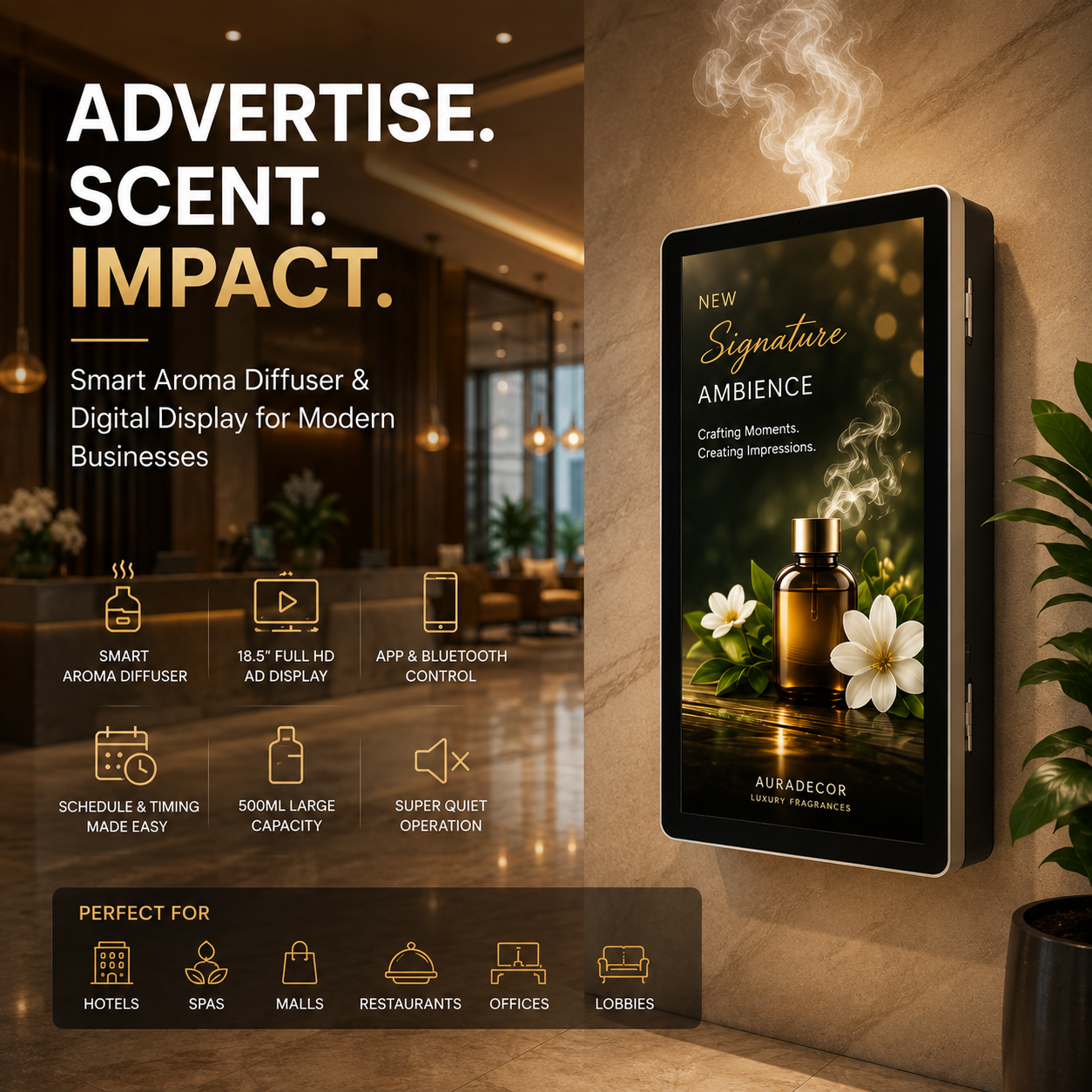 AuraDecor AD-SCENT Smart Aroma Diffuser & Digital Advertising Display | 18.5" Android Display