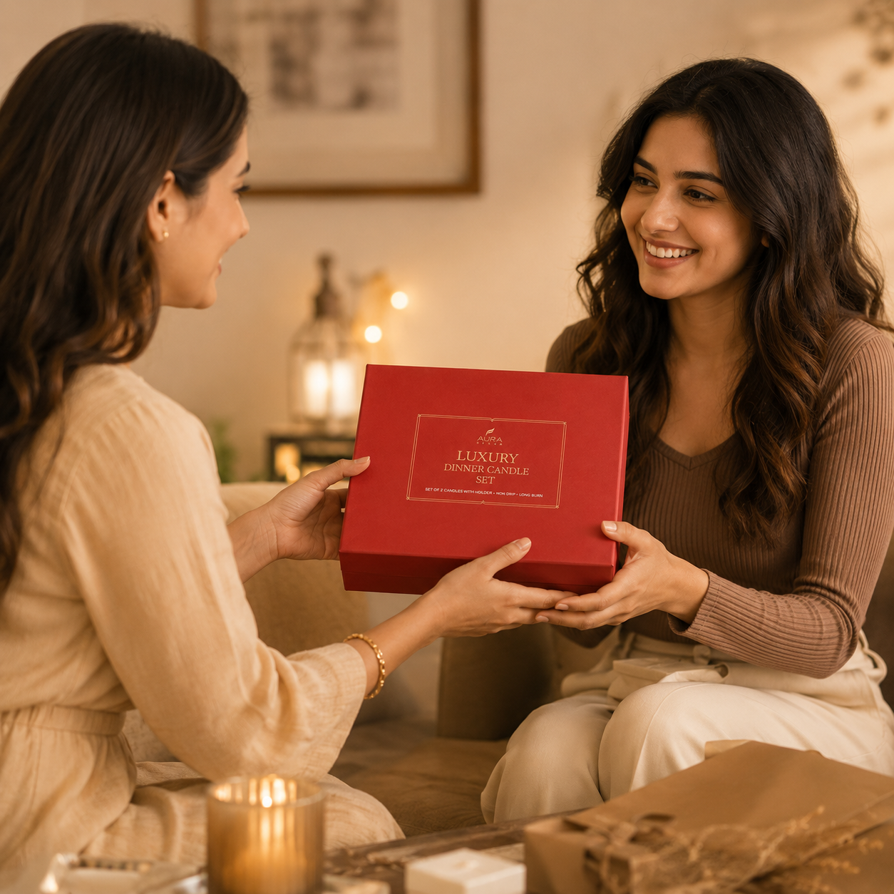 AuraDecor Luxury Dinner Candle Set 2 with Gold Metal Holders | Set of 2 Taper Candles | Premium Gift Box
