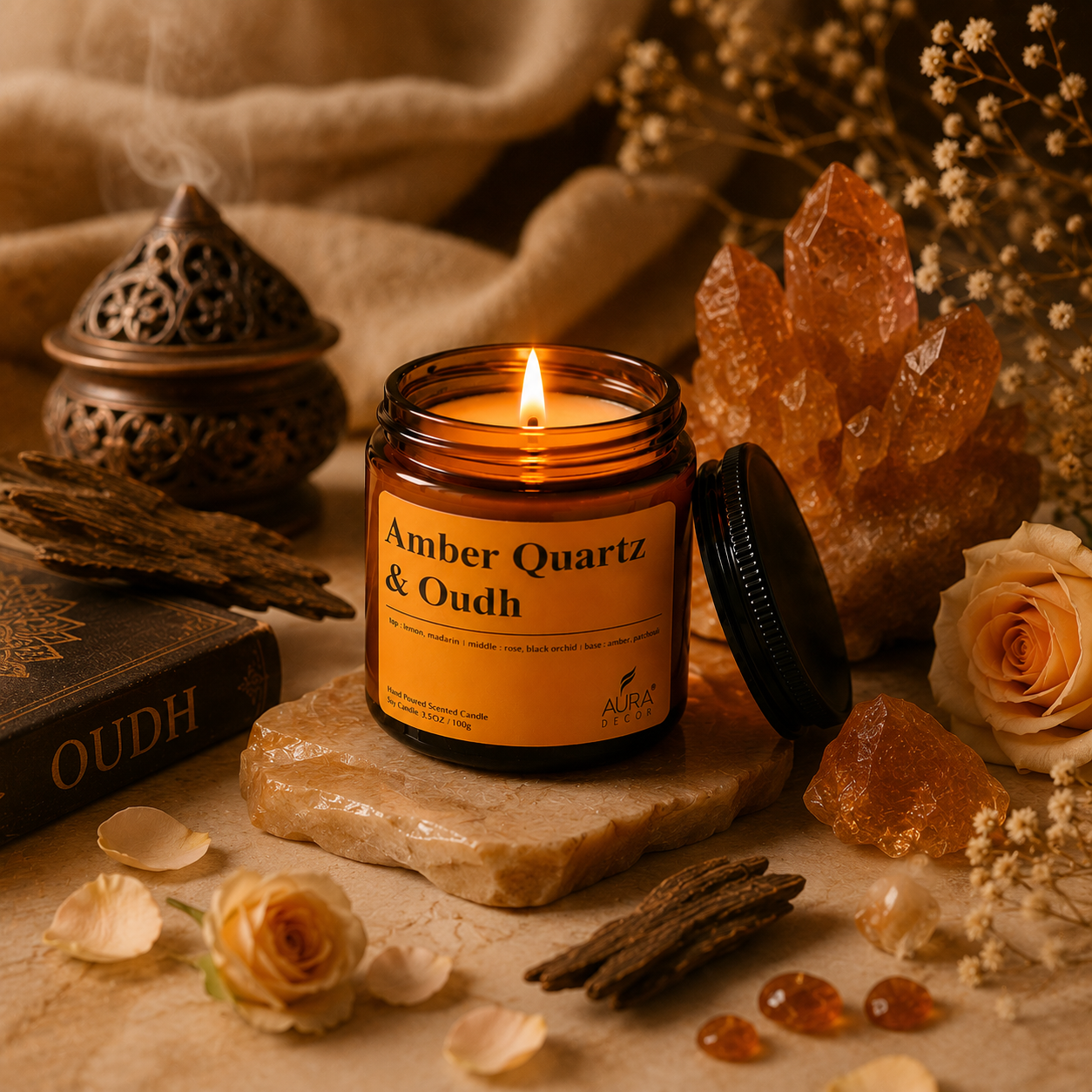 AuraDecor Amber Jar 100gm , Soya Wax Jar Candle , Premium Fragrances