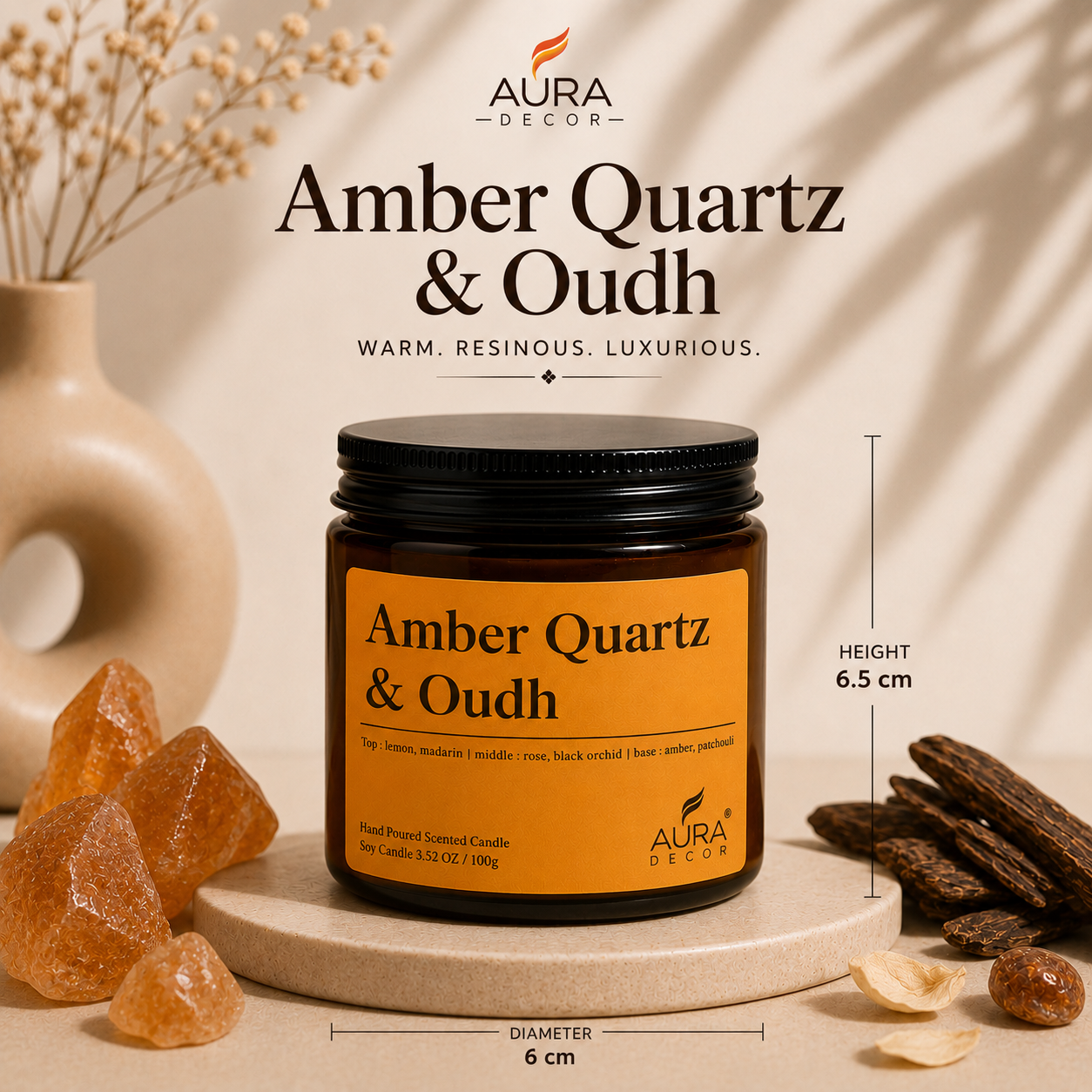 AuraDecor Amber Jar 100gm , Soya Wax Jar Candle , Premium Fragrances