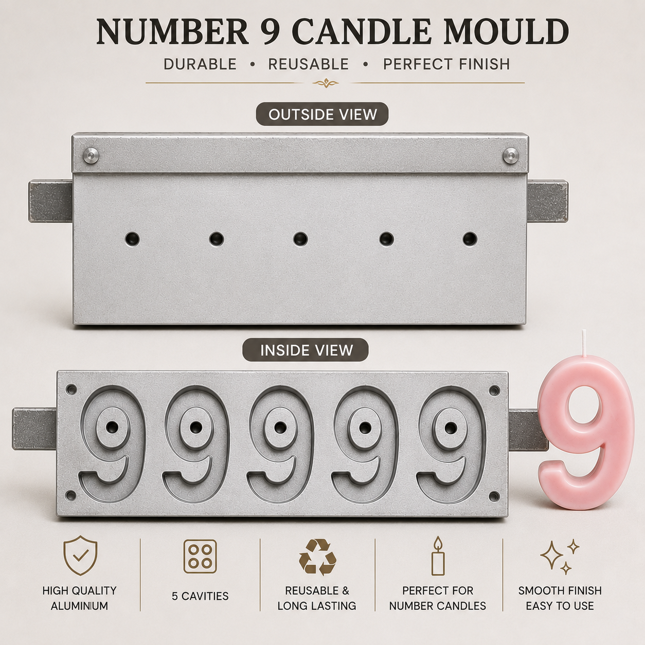 5 Cavity Number Candle Mould (0-9) | Aluminium Candle Making Mould | Reusable