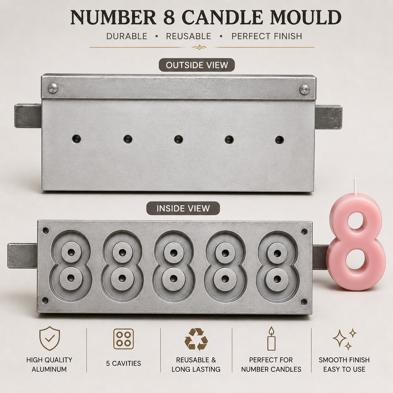 5 Cavity Number Candle Mould (0-9) | Aluminium Candle Making Mould | Reusable