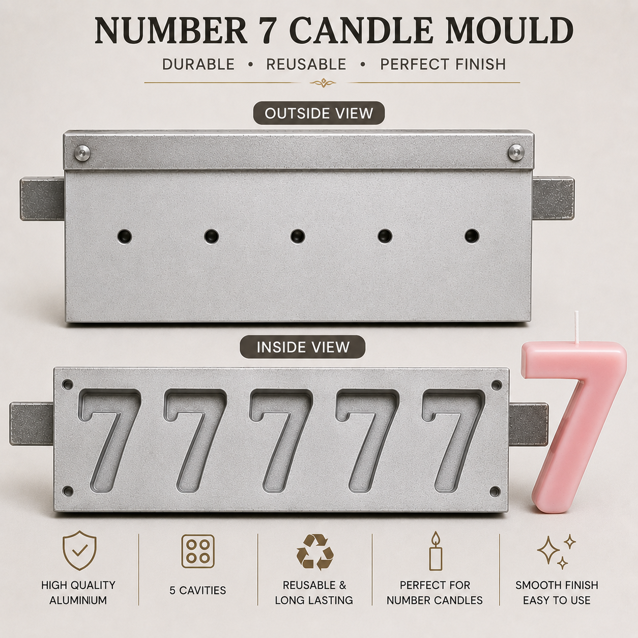 5 Cavity Number Candle Mould (0-9) | Aluminium Candle Making Mould | Reusable