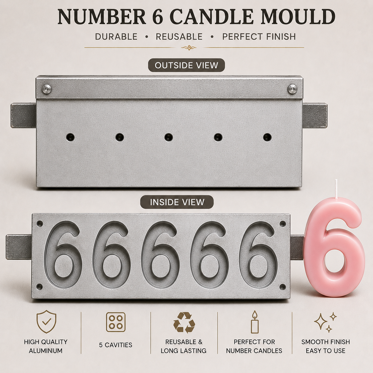 5 Cavity Number Candle Mould (0-9) | Aluminium Candle Making Mould | Reusable