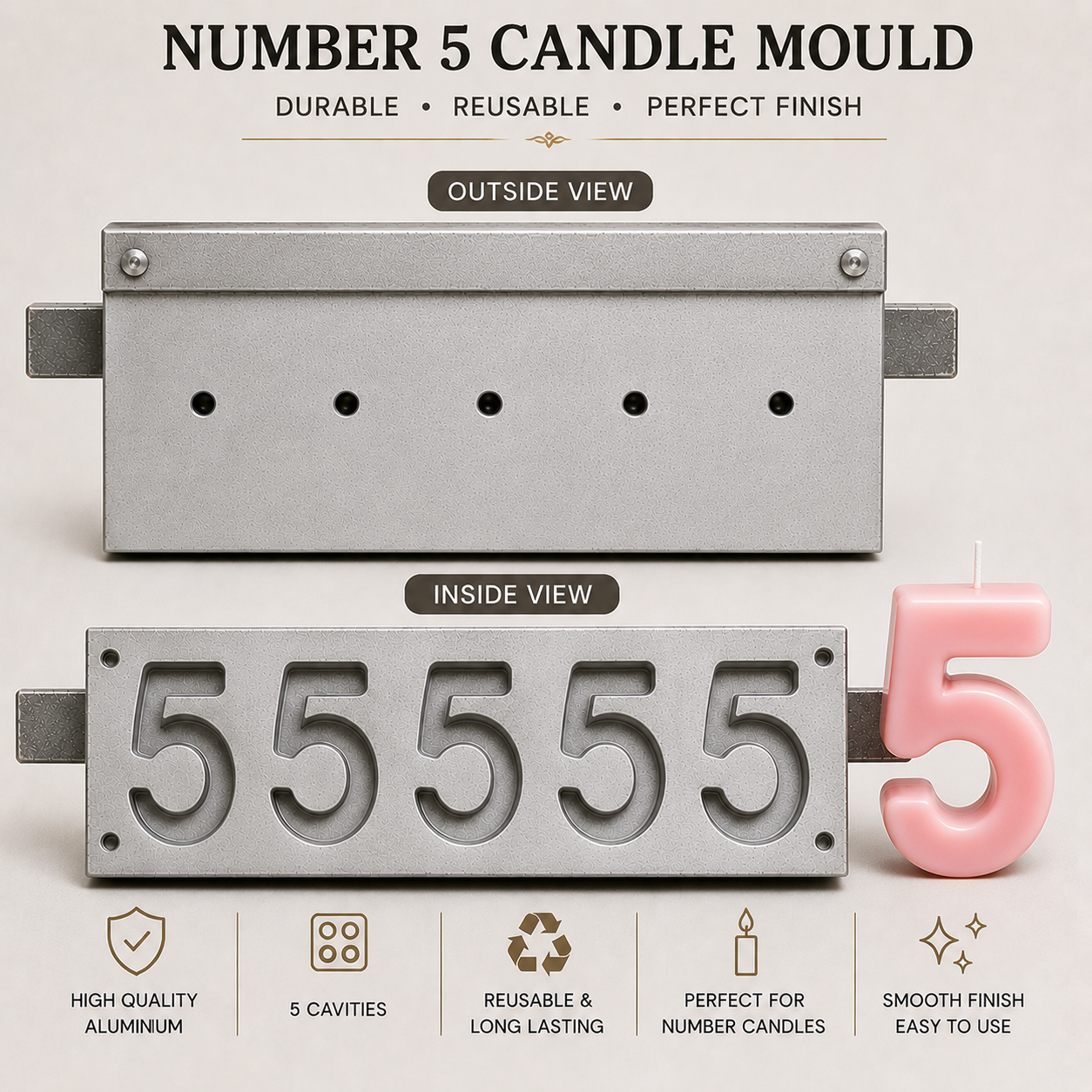 5 Cavity Number Candle Mould (0-9) | Aluminium Candle Making Mould | Reusable